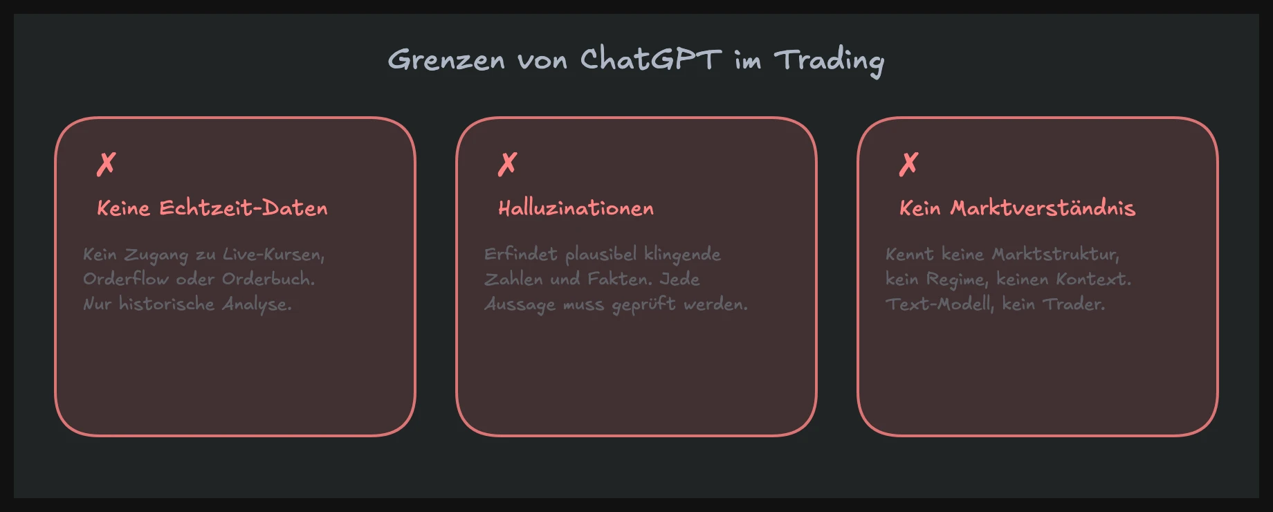 Grenzen von ChatGPT im Trading: keine Echtzeit-Daten, Halluzinationen, kein Marktverständnis
