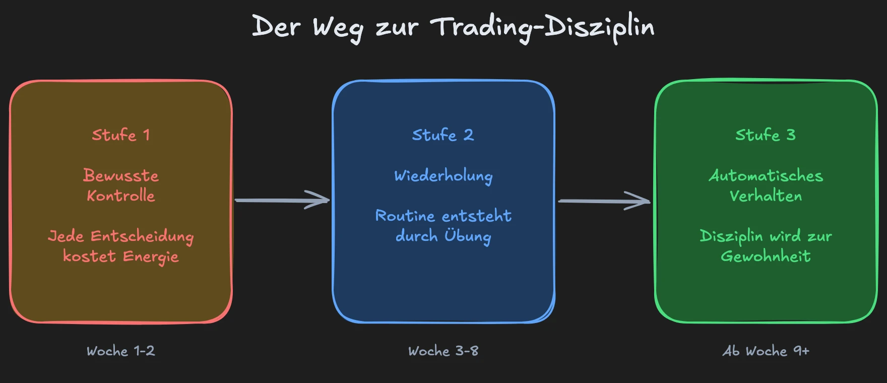 Drei Stufen der Disziplin: Von bewusster Kontrolle über Wiederholung zu automatischem Verhalten